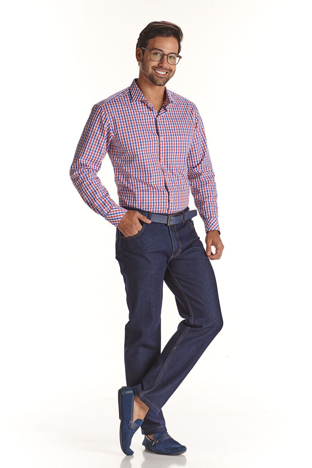 Camisa, Roja con cuadros azules, Uniformes Empresariales
